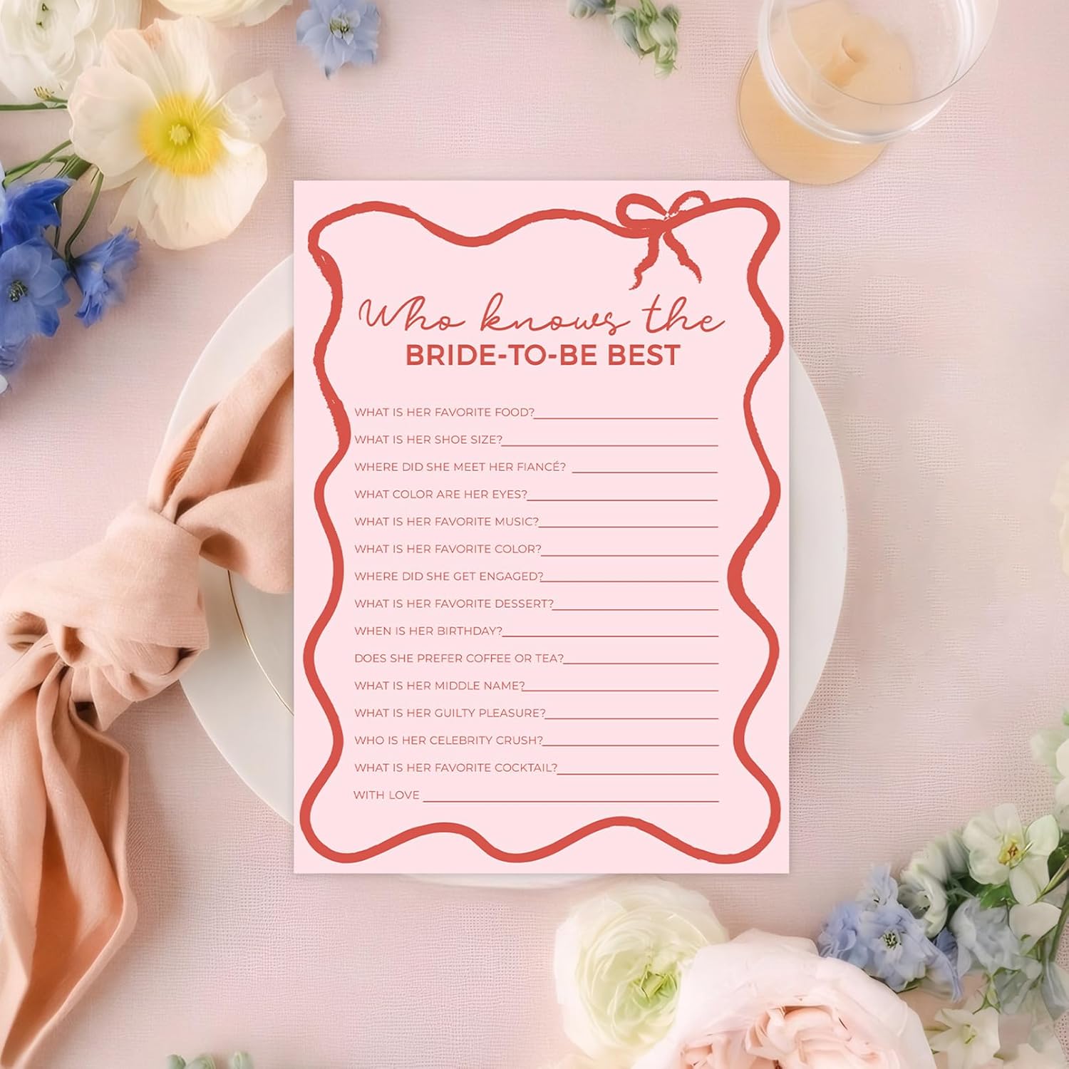 DEEKA 30 PCS Bridal Shower Games Card for 30 Guests Pink Wavy Border Ribbon Bow Funny Wedding Bachelorette Party Games for Reception (Who Knows The Bride-to-be Best)