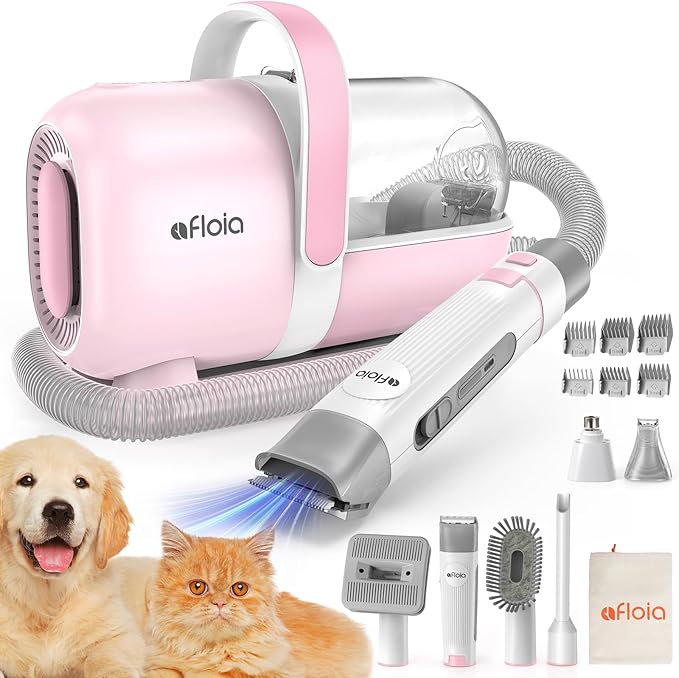 Afloia 6-in-1 Dog Grooming Kit, Pet Grooming Vacuum for Shedding, Dog Hair Vacuum with Clipper Nail Trimmer Grinder, Pet Brush Groomer at Home, Low Noise Cats Hair Remover, 1.5L Dust Cup, Pink-PawvioPets