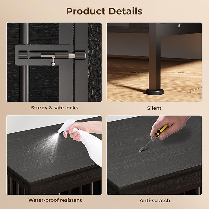 78 Inch Dog Cage Furniture for 2 Large/Medium Dogs with Removable Divider, Extra Large Double Doors Dog Kennel, XXL Thick Wooden Dog cage Furniture, Durable and Sturdy, Dark Grey-PawvioPets