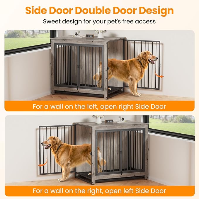 Dog Crate Furniture, Large Dog Crate Furniture, Dog Crate End Table for Large and Medium Dogs, Wooden Cage Kennel Furniture Indoor, Modern Dog Crate with Multi-Purpose Removable Tray-PawvioPets