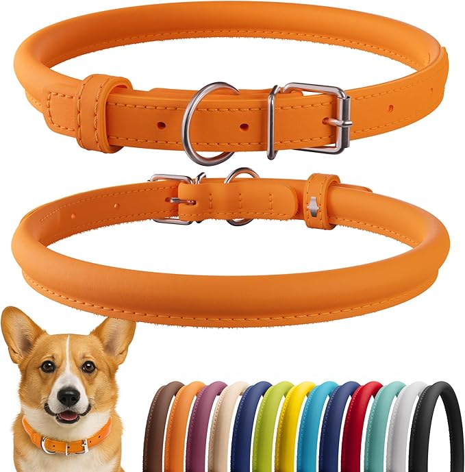 CollarDirect Rolled Leather Dog Collar, Soft Padded Round Puppy Collar, Handmade Genuine Leather Collar Dog Small Large Cat Collars 13 Colors (13-16 Inch, Orange Smooth)-PawvioPets