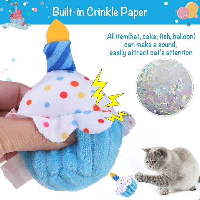 BINGPET Cat Birthday Catnip Toys for Indoor Cats,Cat Birthday Hat,Bandana and Cat Birthday Cake Interactive Plush Kitten Chew Toys,Cute Fish,Balloon Toys with Crinkle Paper and Catnip Inside(Sky Blue)-PawvioPets