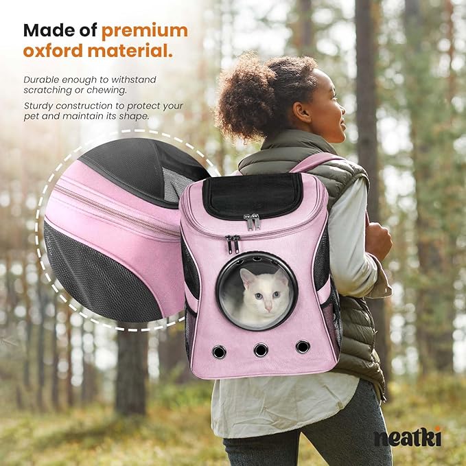 Cat Backpack Carrier, Airline Approved, Space Capsule Bubble Design, Ideal for Cats & Dogs up to 28-35 lbs, with Strong Straps, Safety Zippers, Mesh, Comfortable for Hiking & Travel (Pink)-PawvioPets