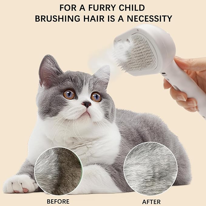 Cat Steam Brush for Shedding– 4-in-1 De-Shedding, Steam Spray, and Self-Cleaning Grooming Tool – Ideal for Long and Short-Haired Pets– Includes 2 Bottles of 120 mL Waterless Shampoo(White)-PawvioPets
