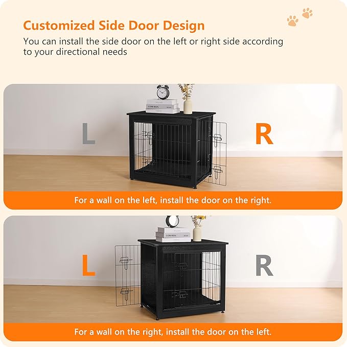 DWANTON Dog Crate Furniture with Cushion, Wooden Kennel Table with Double Doors, Indoor Dog House, Small/Medium/Large Size, 27.2" L, Black-PawvioPets