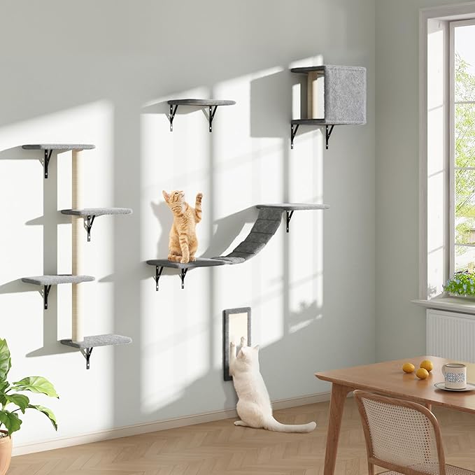 COZIWOW Wall Mounted Cat Furniture, Cat Wall Shelves and Perches, Floating Cat Shelves for Wall Set of 5 (Grey)-PawvioPets