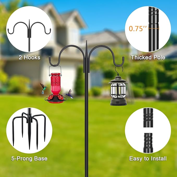 FEED GARDEN Adjustable Double Shepherds Hook for Outdoor with 5 Prong Base 108 Inch Heavy Duty Two Sided Bird Feeder Pole for Hanging Plant Baskets, Solar Light Lanterns, Wind Chimes 2 Pack-PawvioPets