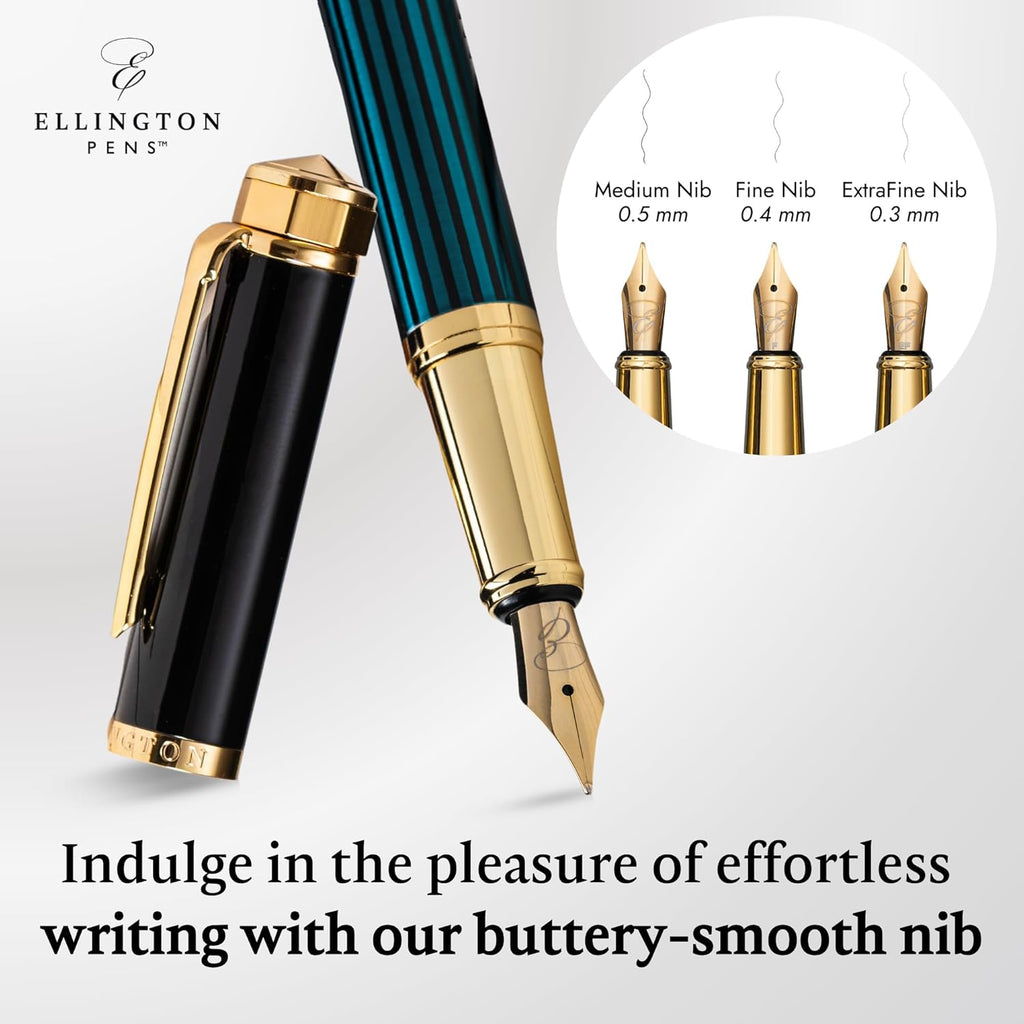 Ellington Pens Luxury Fountain Pen Set- Fountain Pens for Writing - Smooth Medium Nib - Includes Refillable Ink Converter, 3 Ink Cartridges [Black & Blue], Gift Box - Elegant Calligraphy