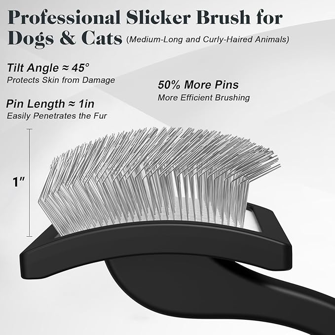 2PCS Slicker Brush for Dogs & Pet Comb,Professional Dog Grooming Brush (Goldendoodles,Poodles,Labradoodles) with Extra Long Pins to Effectively Remove Tangles, Knots and Mats (Black)-PawvioPets