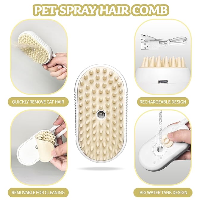 3-in-1 Rechargeable Steam Brush for Cats & Dogs - Anti-Static Spray Pet Grooming Brush with Warm Mist Massage, Hair Shedding Control, Detangling Comb & Cleaning Tool for Effective Deshedding-PawvioPets
