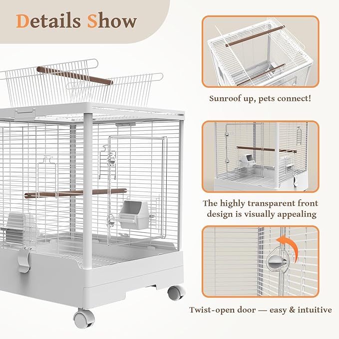 Clear View Bird Cage with Play Top, Modern Rolling Flight Cage for Parakeets, Cockatiels, Conures, Lovebirds, White Parrot Cage with 0.4" Bar Spacing, Slide-Out Tray & Accessories-PawvioPets