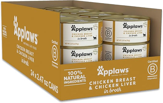 Applaws Natural Wet Cat Food in Broth, Limited Ingredient Canned Wet Cat Food, No Additives, Made with Natural Ingredients, Chicken Breast & Liver in Broth (24 x 2.47oz Cans)-PawvioPets