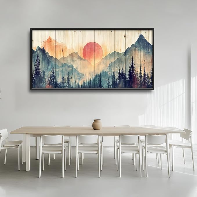 Framed Large Cabin Mountain Wall Art for Living Room, Oversized Rustic Forest Wall Decor, Rustic Nature Landscape Canvas Painting Sunset Pictures Home Decoration for Bedroom Office 60"x30"-PawvioPets