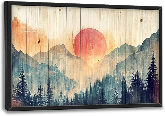 Framed Large Cabin Mountain Wall Art for Living Room, Oversized Rustic Forest Wall Decor, Rustic Nature Landscape Canvas Painting Sunset Pictures Home Decoration for Bedroom Office 36"x24"-PawvioPets