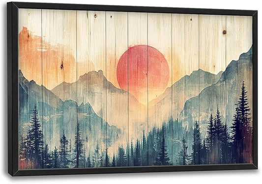 Framed Large Cabin Mountain Wall Art for Living Room, Oversized Rustic Forest Wall Decor, Rustic Nature Landscape Canvas Painting Sunset Pictures Home Decoration for Bedroom Office 36"x24"-PawvioPets
