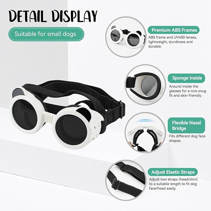 Dog Goggles for Small Breed UV/Wind/Dust Protection Puppy Sunglasses with Adjustable Strap - White-PawvioPets