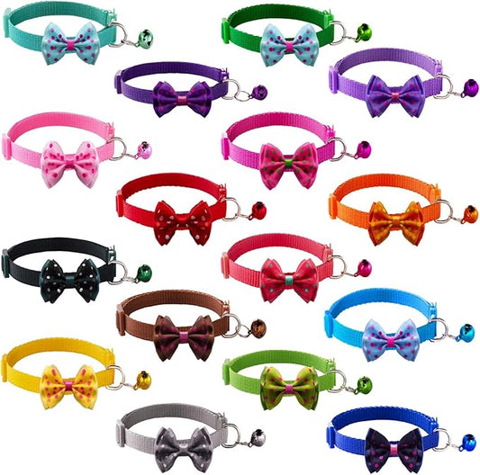 16 PCS Cute Cat Collars with Bells - Breakaway Collars for Girls & Small Kittens - Pink, Bowtie Design - Kitten Supplies-PawvioPets