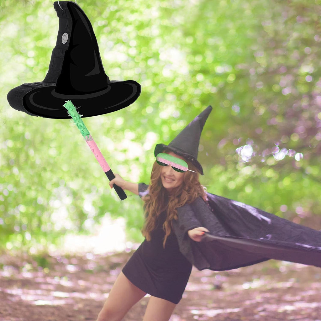 Kasyat Witch Hat Piñata Party Game Set Halloween Theme Piñata with Bat Stick Blindfold Pink Green and Black Party Decor for Halloween Birthday Baby Shower Game Supplies Decor (Witch Hat)