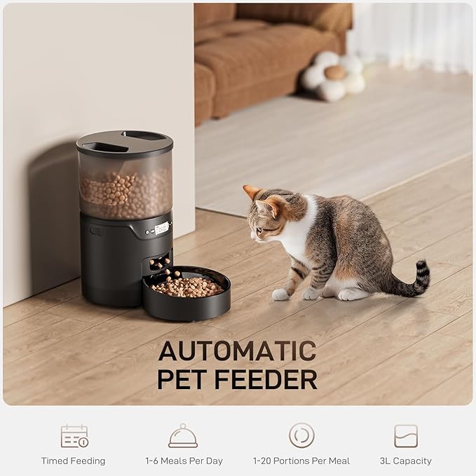 Automatic Cat Feeder: 3L Auto Food Dispenser with Timed Feeding| 6 Meal Programmable& 1-20 Portion Precise Control- Easy to Clean & Setup for Cat Indoor| Desiccant Bag Keep Food Fresh-PawvioPets