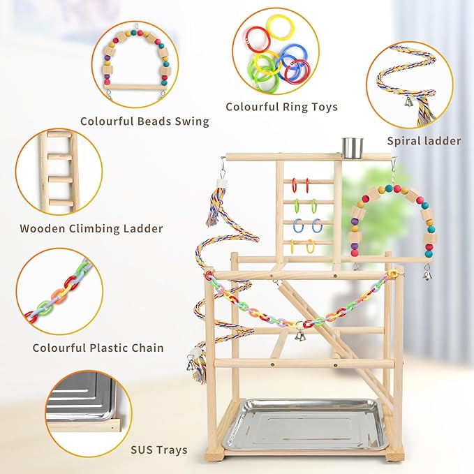 Bird Playground, Parrots Playstand for Small to Medium Birds, Perch Stand with 3 Ladders Playgym with Rope Perch, Swings Feeder Cups Bird Cage Accessories for Conure Cockatiel Lovebirds-PawvioPets