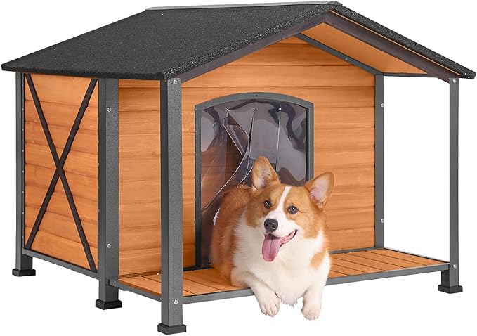 Aivituvin Dog House with Anti-Chewing Metal Frame Outdoor Large Wooden Dog Kennel Outside with Overhang Roof Large Porch Weatherproof-PawvioPets