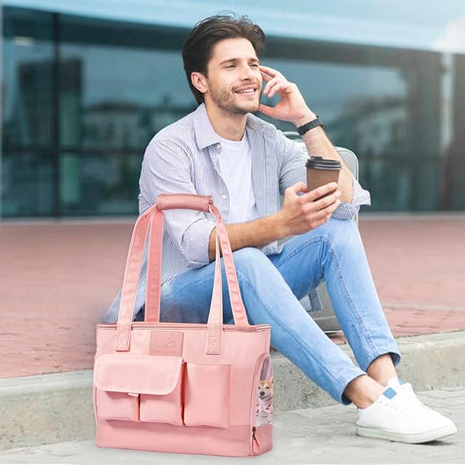 Dog Carrier, Cat Carrier, Pet Carrier, Foldable Waterproof Premium PU Leather Oxford Cloth Dog Purse, Portable Tote Bag Carrier for Small to Medium Cats and Small Dogs (Pink)-PawvioPets