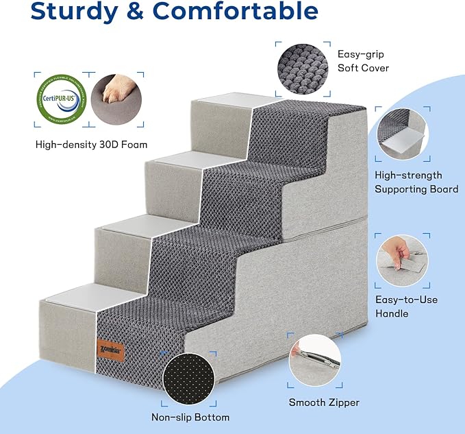 Dog Stairs for Large Dogs - Extra Wide Pet Stairs 2 in 1 with Zippers Suitable for Couch and Bed, Foam Dog Steps with Non Slip Bottom Grey 4 Steps, Grey-PawvioPets