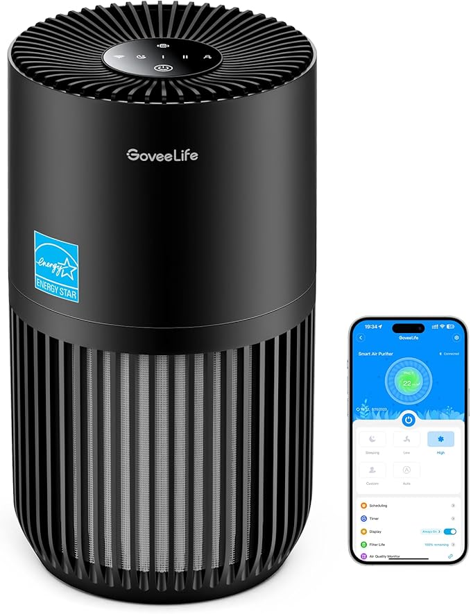 GoveeLife Mini Air Purifier for Bedroom, Smart Filter Air Purifier with App Alexa Control for Pet Hair, Odors, Pollen, Smoke, Portable Air Cleaner with 3 Speeds, 2 Modes, Timer, Aroma for Home-PawvioPets