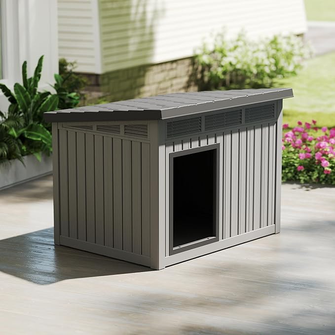 Dog House Indoor Outdoor,Resin Waterproof Puppy Shelter with Air Vents and Elevated Floor,Air Rod on Top to Open,Dog Kennel for Small to Large Dogs(Grey,42.87 * 32.95 * 31.61)-PawvioPets