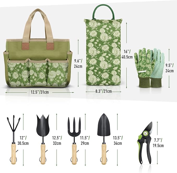 Colwelt Garden Tools Set, 8 Piece, Heavy Duty Gardening Tools with Wooden Handle, Including Garden Tote, Kneeling Pad, Gloves, Pruner, Trowel, Tulip Trowel, Cultivator - Gardening Gifts for Women Men-PawvioPets