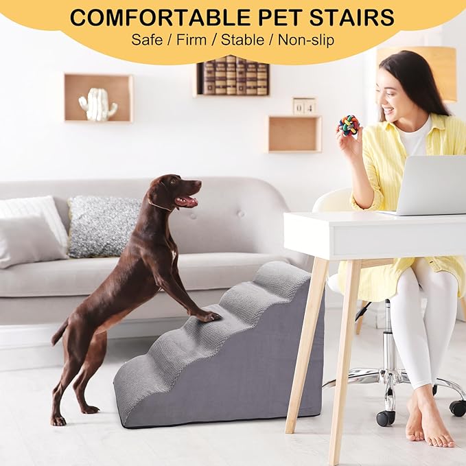 Dog Stairs for Bed and Couch, Non-Slip 5-Step Pet Stairs, 24" High Sofa Foam Dog Ramp - Best for Small Pets, Dogs and Cats with Joint Pain-PawvioPets