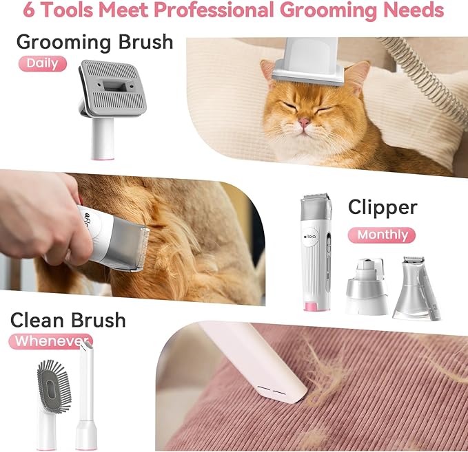 Afloia 6-in-1 Dog Grooming Kit, Pet Grooming Vacuum for Shedding, Dog Hair Vacuum with Clipper Nail Trimmer Grinder, Pet Brush Groomer at Home, Low Noise Cats Hair Remover, 1.5L Dust Cup, Pink-PawvioPets
