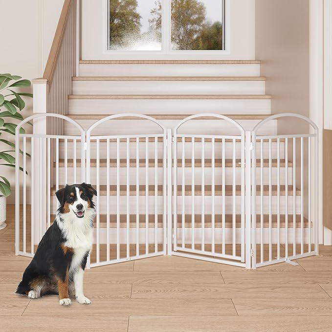 4 Panles Full Matel Freestanding Dog Gates with Door, 96"Extra Wide 36"Tall Free Standing Dog Pet Gate for Indoor & Outdoor. Foldable Pet Fences for Doorways, House, Stairs, Porch, Deck, Yard-PawvioPets