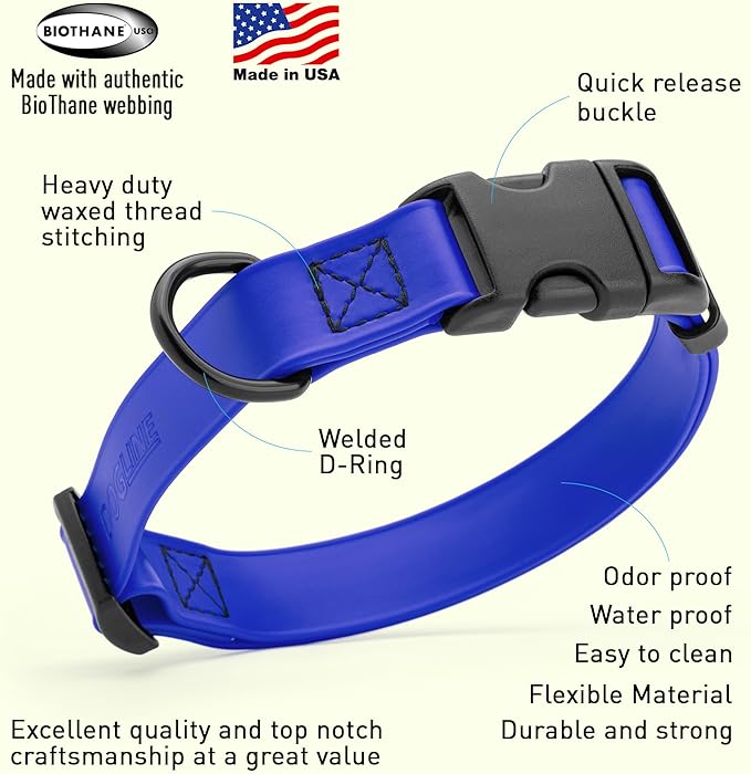 Dogline Biothane Waterproof Dog Collar with Quick Release Buckle Strong Coated Nylon Webbing with Odor- Proof for Easy Care Easy to Clean Fits Small Medium Large Dogs, Royal Blue 5/8" W 9-14" L-PawvioPets