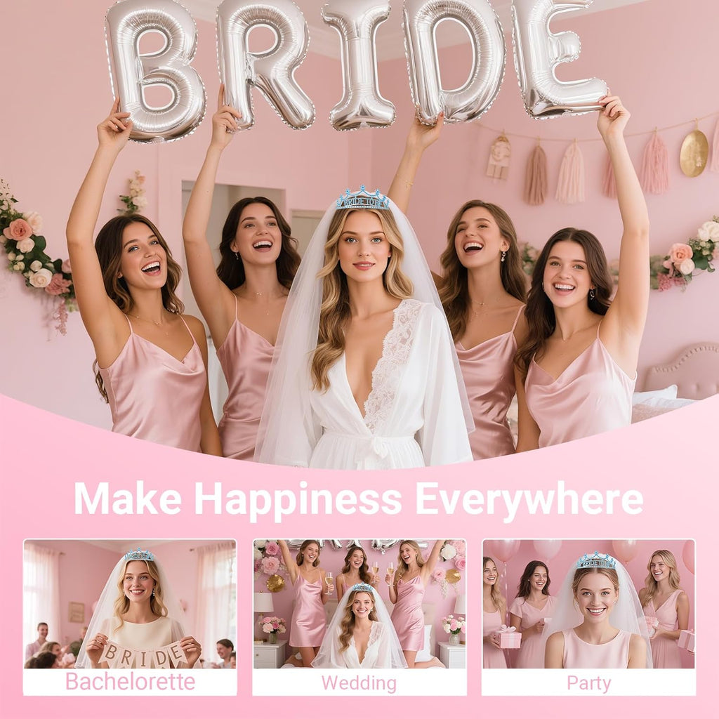 3Pcs Bride to Be Crown with Sash and Veil for Bachelorette Party Decorations，Bridal Shower Accessories for Gift, Favors