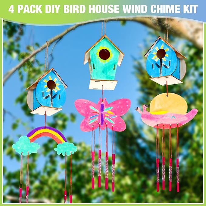 30 Pcs Crafts DIY Bird House Wind Chime Kit Unfinished Wood Birdhouse Kits 12 Wooden Birdhouses & 18 Wind Chimes Build and Paint Birdhouses Bulk Crafts Set-PawvioPets