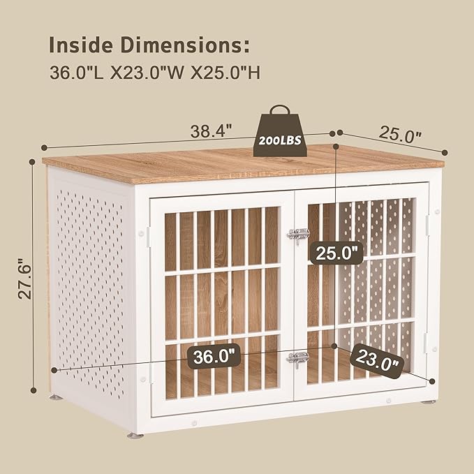 38" Heavy Duty Dog Crate Furniture for Large and Medium Dogs,Wooden Metal Kennel for High Anxiety Dogs, Chew Proof Pet Cage Indoor, Decorative Dog Kennel End Table, White-PawvioPets