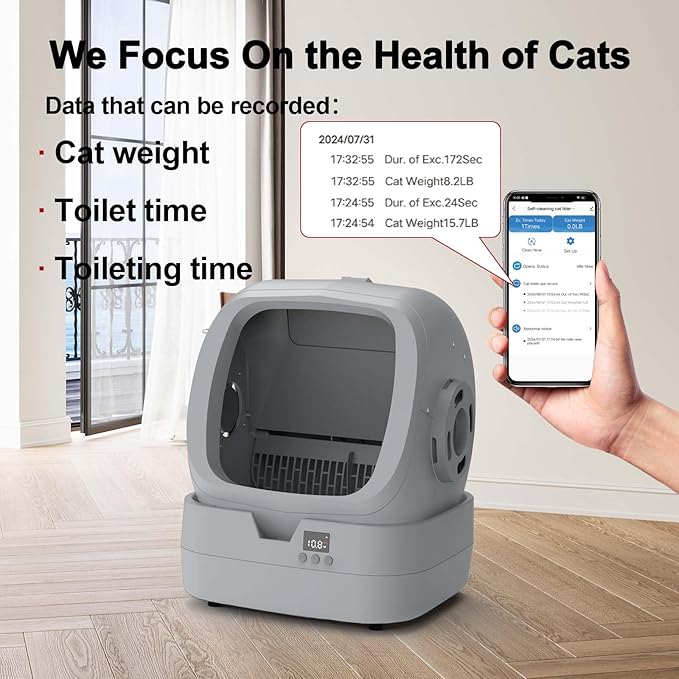 Automatic Self-Cleaning Cat Litter Box with APP-Controlled, Weight Tracking – 86L Ultra-Quiet, Smart Health Monitor, and Safe Anti-Pinch Design (Assembly Required) -Light Grey-PawvioPets