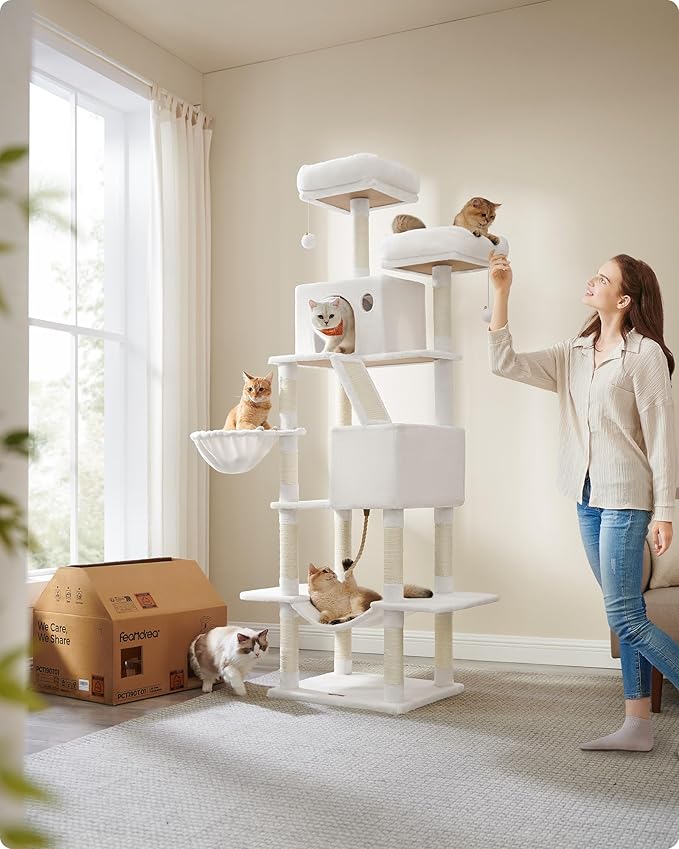 Feandrea Cat Tree, 81.1-Inch Large Cat Tower with 13 Scratching Posts, 2 Perches, 2 Caves, Basket, Hammock, Pompoms, Multi-Level Plush Cat Condo for Indoor Cats, Cream White UPCT190T01-PawvioPets