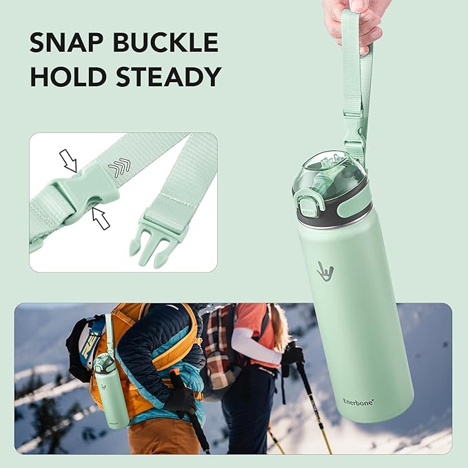 Enerbone 24 oz Insulated Water Bottle, Stainless Steel Bottle with Carrying Strap, Double-Wall Vacuum Insulation Design, Leakproof Sports Bottle with Straw, Keep Drinks Cold or Hot for Hours-PawvioPets