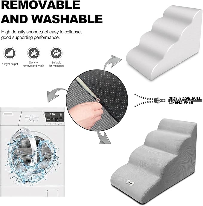 Dog Stairs, Removable and Washable Pet Stairs, 4-Steps Non-Slip Pet Ramp, Dogs Steps for High Bed Sofa, High Resilience Sponge Dog Stairs(White)-PawvioPets