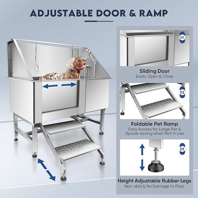 Dog Bathtub XL Professional 62inch Dog Washing Station Stainless Steel Pet Grooming Tub for Extra Large Dogs Wash Tub, Medium, Small Dogs Cats with Left Sliding Doors, Steps, Right Faucets-PawvioPets