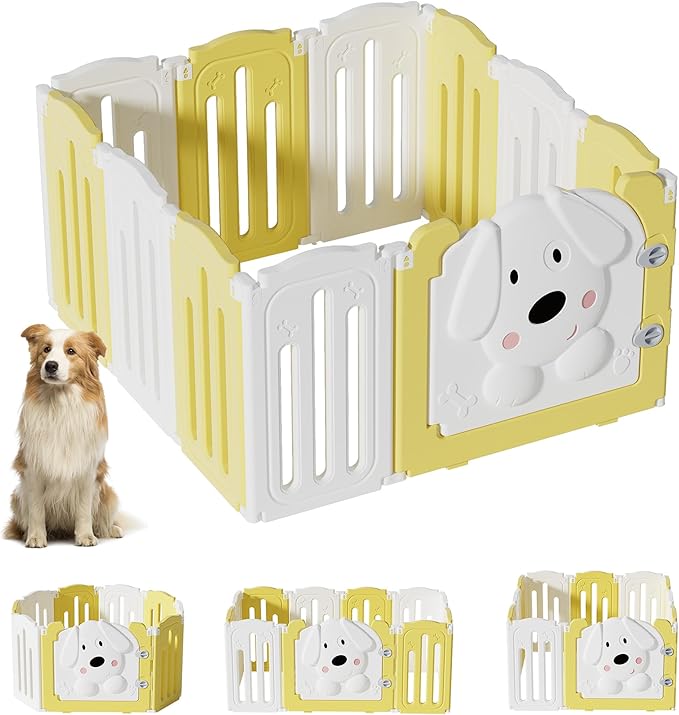 Foldable Dog Play Pen Indoors, Non-Slip Sturdy Puppy Playpen with Door, 25.5" H 10-Panel Adjustable Shape Dog Fence Pen for Small/Medium Dogs, Thickened, Easy to Store, White+Yellow-PawvioPets