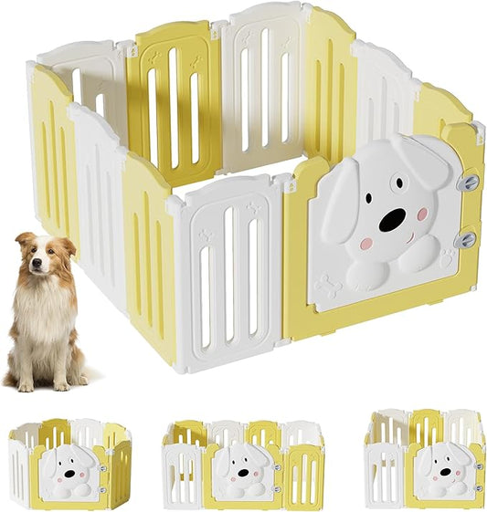 Foldable Dog Play Pen Indoors, Non-Slip Sturdy Puppy Playpen with Door, 25.5" H 10-Panel Adjustable Shape Dog Fence Pen for Small/Medium Dogs, Thickened, Easy to Store, White+Yellow-PawvioPets