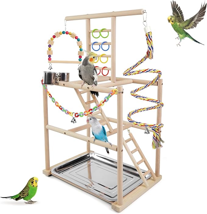 Bird Playground, Parrots Playstand for Small to Medium Birds, Perch Stand with 3 Ladders Playgym with Rope Perch, Swings Feeder Cups Bird Cage Accessories for Conure Cockatiel Lovebirds-PawvioPets
