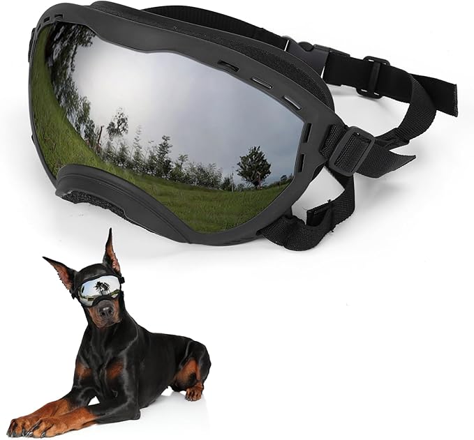 Dog Goggles for Large Dogs, UV Wind Dust Fog Protection, Soft Frame Adjustable Dog Sunglasses, Summer Driving & Winter Snow Eyewear, Tactical Pet Glasses with Elastic Strap (Black)-PawvioPets