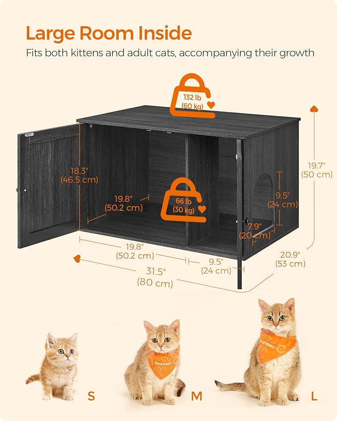 Feandrea Cat Litter Box Enclosure, Litter Box Furniture Hidden with Removable Divider, Indoor Cat House, End Table, 31.5 x 20.9 x 19.7 Inches, Ink Black UPCL002B01-PawvioPets