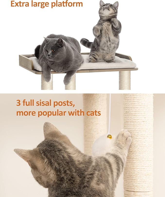 FourFurPets 26.7in Large Cat Tree Tower Condo, Cat Scratch Posts for Indoor Cats, Big Plate, Three 23.6in Full Sisal Scratching Posts, Greige-PawvioPets