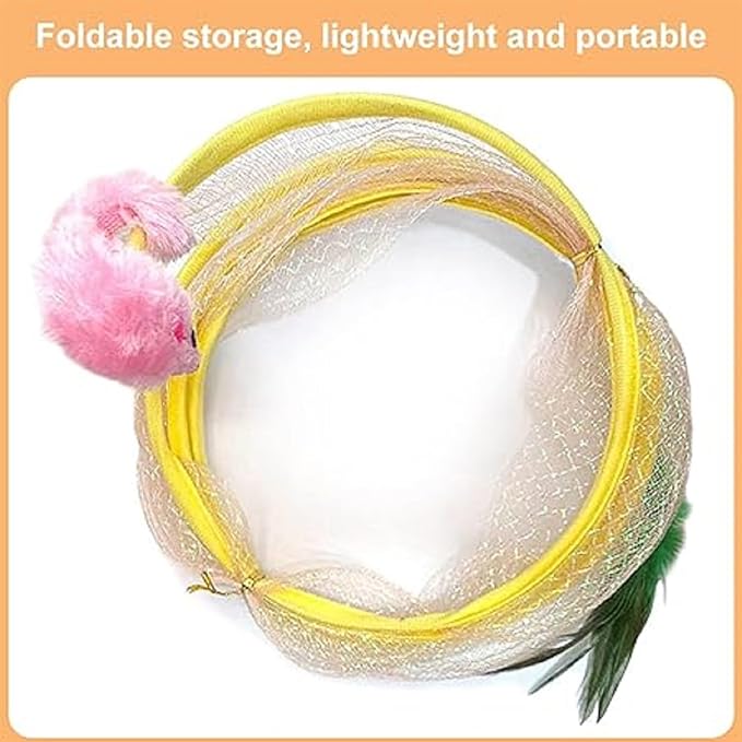 2Pcs Folded Cat Tunnel Toy for Indoor Cats,Collapsible Pet Spring Cat Toys with Feather Mouse Upgrade Interactive Toy Playing Tent for Puppy Kitten Accessories Home Self-Happy Cat Toys (Yellow)-PawvioPets