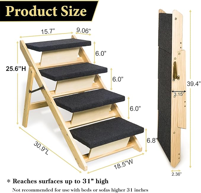 BRIKY 2-in-1 Dog Stairs/Ramp with 4 Steps, Foldable Dog Stairs for High Beds Cars Couch, Durable Wooden Pet Stairs for Small Medium Large Dogs, No Assembly Required-PawvioPets